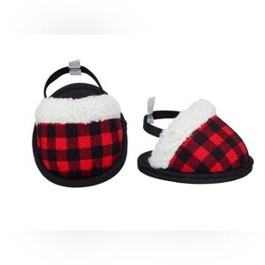 Build a Bear Workshop Slippers Red Plaid Buffalo Checked Fur Trimmed Slippers